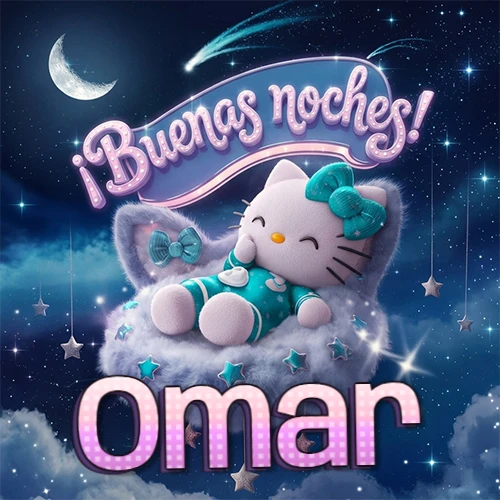 Hello Kitty vistiendo pijama turquesa durmiendo sobre una nube violeta suave, bajo un cartel de neón rosa brillante que dice '¡Buenas noches!' en un cielo lleno de estrellas fugaces y estrellas colgantes. El nombre está escrito con letra grande y colorida justo debajo de la nube. Nombre personalizado: Omar.