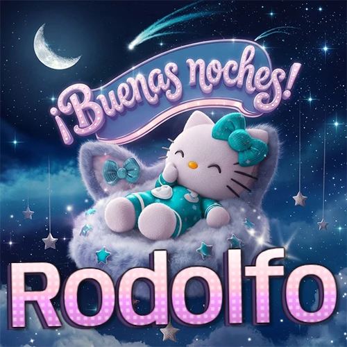 Hello Kitty vistiendo pijama turquesa durmiendo sobre una nube violeta suave, bajo un cartel de neón rosa brillante que dice '¡Buenas noches!' en un cielo lleno de estrellas fugaces y estrellas colgantes. El nombre está escrito con letra grande y colorida justo debajo de la nube. Nombre personalizado: Rodolfo.