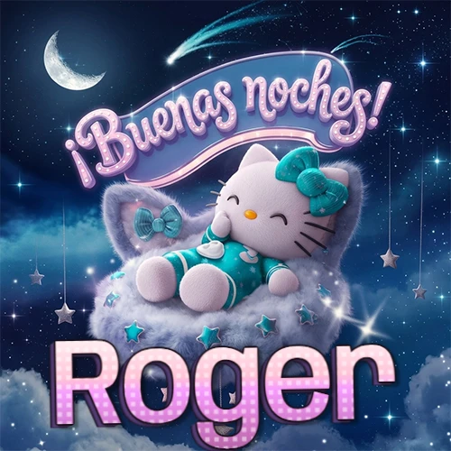 Hello Kitty vistiendo pijama turquesa durmiendo sobre una nube violeta suave, bajo un cartel de neón rosa brillante que dice '¡Buenas noches!' en un cielo lleno de estrellas fugaces y estrellas colgantes. El nombre está escrito con letra grande y colorida justo debajo de la nube. Nombre personalizado: Roger.