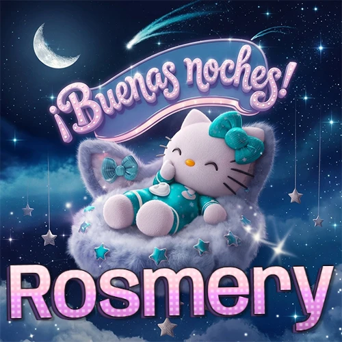 Hello Kitty vistiendo pijama turquesa durmiendo sobre una nube violeta suave, bajo un cartel de neón rosa brillante que dice '¡Buenas noches!' en un cielo lleno de estrellas fugaces y estrellas colgantes. El nombre está escrito con letra grande y colorida justo debajo de la nube. Nombre personalizado: Rosmery. Hello Kitty vistiendo pijama turquesa durmiendo sobre una nube violeta suave, bajo un cartel de neón rosa brillante que dice '¡Buenas noches!' en un cielo lleno de estrellas fugaces y estrellas colgantes. El nombre está escrito con letra grande y colorida justo debajo de la nube. Nombre personalizado: Rosmery.