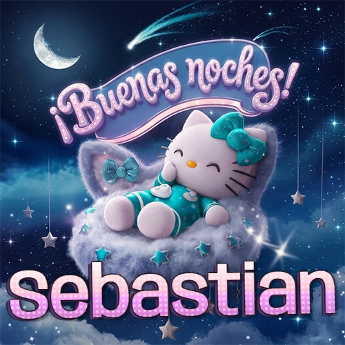Hello Kitty vistiendo pijama turquesa durmiendo sobre una nube violeta suave, bajo un cartel de neón rosa brillante que dice '¡Buenas noches!' en un cielo lleno de estrellas fugaces y estrellas colgantes. El nombre está escrito con letra grande y colorida justo debajo de la nube. Nombre personalizado: Sebastian. Hello Kitty vistiendo pijama turquesa durmiendo sobre una nube violeta suave, bajo un cartel de neón rosa brillante que dice '¡Buenas noches!' en un cielo lleno de estrellas fugaces y estrellas colgantes. El nombre está escrito con letra grande y colorida justo debajo de la nube. Nombre personalizado: Sebastian.