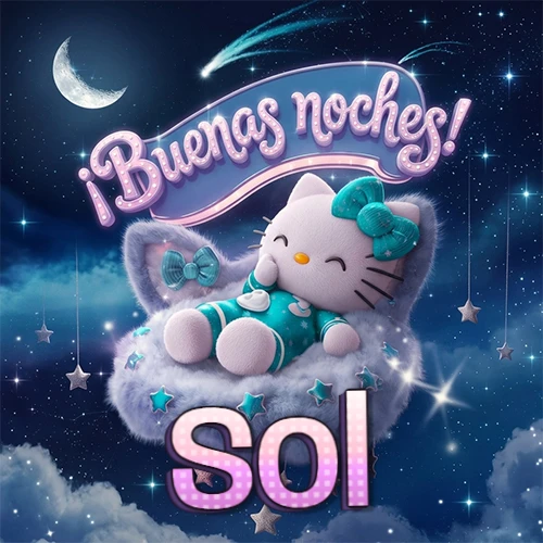 Hello Kitty vistiendo pijama turquesa durmiendo sobre una nube violeta suave, bajo un cartel de neón rosa brillante que dice '¡Buenas noches!' en un cielo lleno de estrellas fugaces y estrellas colgantes. El nombre está escrito con letra grande y colorida justo debajo de la nube. Nombre personalizado: Sol.