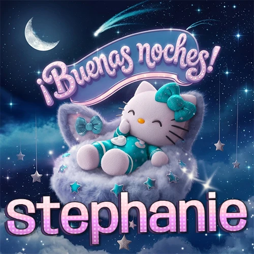 Hello Kitty vistiendo pijama turquesa durmiendo sobre una nube violeta suave, bajo un cartel de neón rosa brillante que dice '¡Buenas noches!' en un cielo lleno de estrellas fugaces y estrellas colgantes. El nombre está escrito con letra grande y colorida justo debajo de la nube. Nombre personalizado: Stephanie.
