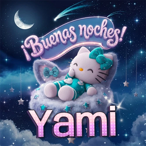 Hello Kitty vistiendo pijama turquesa durmiendo sobre una nube violeta suave, bajo un cartel de neón rosa brillante que dice '¡Buenas noches!' en un cielo lleno de estrellas fugaces y estrellas colgantes. El nombre está escrito con letra grande y colorida justo debajo de la nube. Nombre personalizado: Yami.