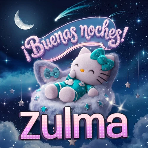Hello Kitty vistiendo pijama turquesa durmiendo sobre una nube violeta suave, bajo un cartel de neón rosa brillante que dice '¡Buenas noches!' en un cielo lleno de estrellas fugaces y estrellas colgantes. El nombre está escrito con letra grande y colorida justo debajo de la nube. Nombre personalizado: Zulma.