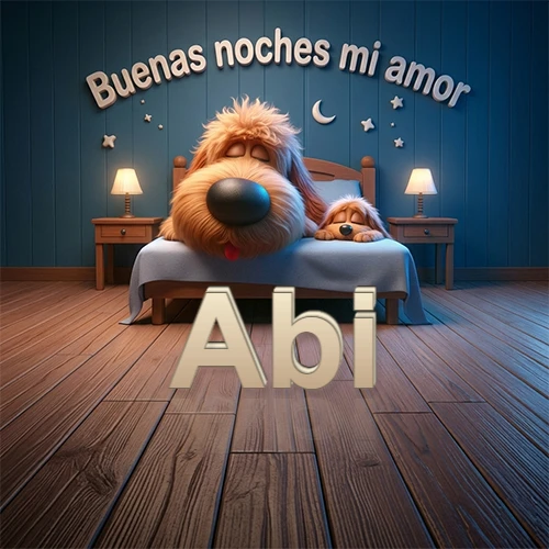 Dos perros de raza de pelaje espeso durmiendo juntos plácidamente en una cama cómoda, sobre ellos la frase 'Buenas noches mi amor' en una pared azul tranquila decorada con estrellas y una pequeña luna, con lámparas laterales cálidas. El nombre está en un prominente texto 3D en el piso de madera frente a la cama. Nombre personalizado: Abi.
