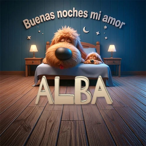 Dos perros de raza de pelaje espeso durmiendo juntos plácidamente en una cama cómoda, sobre ellos la frase 'Buenas noches mi amor' en una pared azul tranquila decorada con estrellas y una pequeña luna, con lámparas laterales cálidas. El nombre está en un prominente texto 3D en el piso de madera frente a la cama. Nombre personalizado: Alba. Dos perros de raza de pelaje espeso durmiendo juntos plácidamente en una cama cómoda, sobre ellos la frase 'Buenas noches mi amor' en una pared azul tranquila decorada con estrellas y una pequeña luna, con lámparas laterales cálidas. El nombre está en un prominente texto 3D en el piso de madera frente a la cama. Nombre personalizado: Alba.