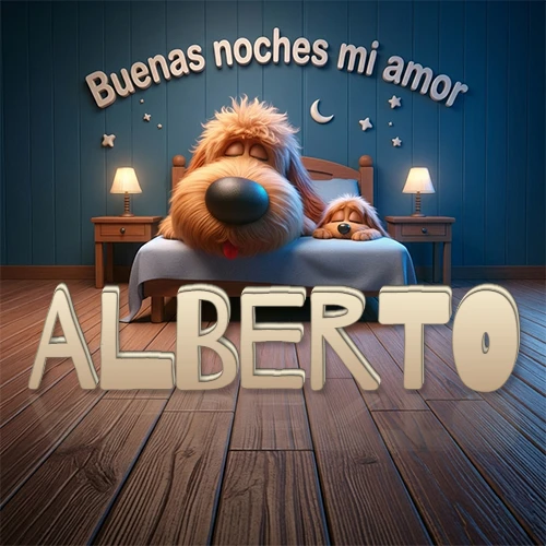 Dos perros de raza de pelaje espeso durmiendo juntos plácidamente en una cama cómoda, sobre ellos la frase 'Buenas noches mi amor' en una pared azul tranquila decorada con estrellas y una pequeña luna, con lámparas laterales cálidas. El nombre está en un prominente texto 3D en el piso de madera frente a la cama. Nombre personalizado: Alberto.