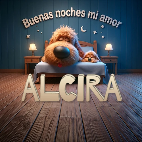 Dos perros de raza de pelaje espeso durmiendo juntos plácidamente en una cama cómoda, sobre ellos la frase 'Buenas noches mi amor' en una pared azul tranquila decorada con estrellas y una pequeña luna, con lámparas laterales cálidas. El nombre está en un prominente texto 3D en el piso de madera frente a la cama. Nombre personalizado: Alcira. Dos perros de raza de pelaje espeso durmiendo juntos plácidamente en una cama cómoda, sobre ellos la frase 'Buenas noches mi amor' en una pared azul tranquila decorada con estrellas y una pequeña luna, con lámparas laterales cálidas. El nombre está en un prominente texto 3D en el piso de madera frente a la cama. Nombre personalizado: Alcira.