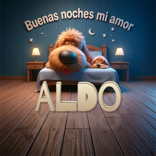Dos perros de raza de pelaje espeso durmiendo juntos plácidamente en una cama cómoda, sobre ellos la frase 'Buenas noches mi amor' en una pared azul tranquila decorada con estrellas y una pequeña luna, con lámparas laterales cálidas. El nombre está en un prominente texto 3D en el piso de madera frente a la cama. Nombre personalizado: Aldo. Dos perros de raza de pelaje espeso durmiendo juntos plácidamente en una cama cómoda, sobre ellos la frase 'Buenas noches mi amor' en una pared azul tranquila decorada con estrellas y una pequeña luna, con lámparas laterales cálidas. El nombre está en un prominente texto 3D en el piso de madera frente a la cama. Nombre personalizado: Aldo.