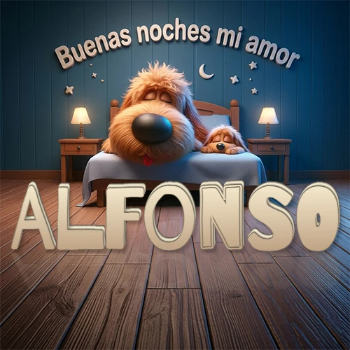 Dos perros de raza de pelaje espeso durmiendo juntos plácidamente en una cama cómoda, sobre ellos la frase 'Buenas noches mi amor' en una pared azul tranquila decorada con estrellas y una pequeña luna, con lámparas laterales cálidas. El nombre está en un prominente texto 3D en el piso de madera frente a la cama. Nombre personalizado: Alfonso. Dos perros de raza de pelaje espeso durmiendo juntos plácidamente en una cama cómoda, sobre ellos la frase 'Buenas noches mi amor' en una pared azul tranquila decorada con estrellas y una pequeña luna, con lámparas laterales cálidas. El nombre está en un prominente texto 3D en el piso de madera frente a la cama. Nombre personalizado: Alfonso.