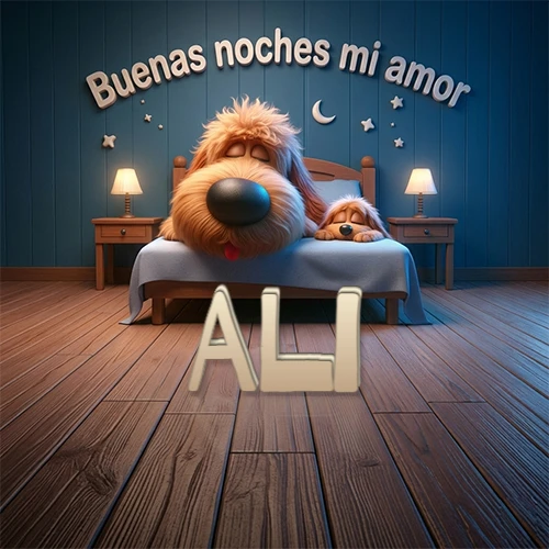 Dos perros de raza de pelaje espeso durmiendo juntos plácidamente en una cama cómoda, sobre ellos la frase 'Buenas noches mi amor' en una pared azul tranquila decorada con estrellas y una pequeña luna, con lámparas laterales cálidas. El nombre está en un prominente texto 3D en el piso de madera frente a la cama. Nombre personalizado: Ali.