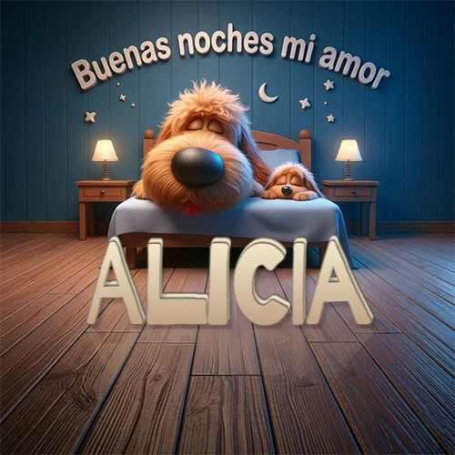 Dos perros de raza de pelaje espeso durmiendo juntos plácidamente en una cama cómoda, sobre ellos la frase 'Buenas noches mi amor' en una pared azul tranquila decorada con estrellas y una pequeña luna, con lámparas laterales cálidas. El nombre está en un prominente texto 3D en el piso de madera frente a la cama. Nombre personalizado: Alicia. Dos perros de raza de pelaje espeso durmiendo juntos plácidamente en una cama cómoda, sobre ellos la frase 'Buenas noches mi amor' en una pared azul tranquila decorada con estrellas y una pequeña luna, con lámparas laterales cálidas. El nombre está en un prominente texto 3D en el piso de madera frente a la cama. Nombre personalizado: Alicia.
