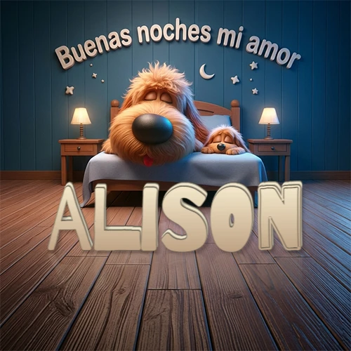Dos perros de raza de pelaje espeso durmiendo juntos plácidamente en una cama cómoda, sobre ellos la frase 'Buenas noches mi amor' en una pared azul tranquila decorada con estrellas y una pequeña luna, con lámparas laterales cálidas. El nombre está en un prominente texto 3D en el piso de madera frente a la cama. Nombre personalizado: Alison. Dos perros de raza de pelaje espeso durmiendo juntos plácidamente en una cama cómoda, sobre ellos la frase 'Buenas noches mi amor' en una pared azul tranquila decorada con estrellas y una pequeña luna, con lámparas laterales cálidas. El nombre está en un prominente texto 3D en el piso de madera frente a la cama. Nombre personalizado: Alison.