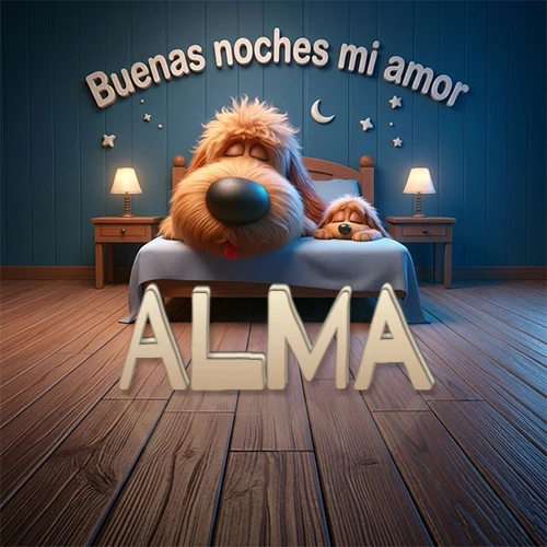 Dos perros de raza de pelaje espeso durmiendo juntos plácidamente en una cama cómoda, sobre ellos la frase 'Buenas noches mi amor' en una pared azul tranquila decorada con estrellas y una pequeña luna, con lámparas laterales cálidas. El nombre está en un prominente texto 3D en el piso de madera frente a la cama. Nombre personalizado: Alma.