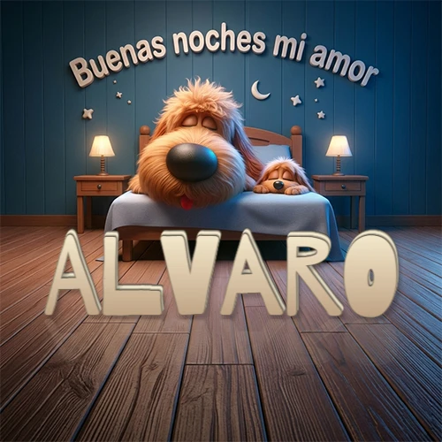 Dos perros de raza de pelaje espeso durmiendo juntos plácidamente en una cama cómoda, sobre ellos la frase 'Buenas noches mi amor' en una pared azul tranquila decorada con estrellas y una pequeña luna, con lámparas laterales cálidas. El nombre está en un prominente texto 3D en el piso de madera frente a la cama. Nombre personalizado: Alvaro.