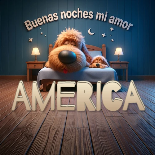 Dos perros de raza de pelaje espeso durmiendo juntos plácidamente en una cama cómoda, sobre ellos la frase 'Buenas noches mi amor' en una pared azul tranquila decorada con estrellas y una pequeña luna, con lámparas laterales cálidas. El nombre está en un prominente texto 3D en el piso de madera frente a la cama. Nombre personalizado: America. Dos perros de raza de pelaje espeso durmiendo juntos plácidamente en una cama cómoda, sobre ellos la frase 'Buenas noches mi amor' en una pared azul tranquila decorada con estrellas y una pequeña luna, con lámparas laterales cálidas. El nombre está en un prominente texto 3D en el piso de madera frente a la cama. Nombre personalizado: America.