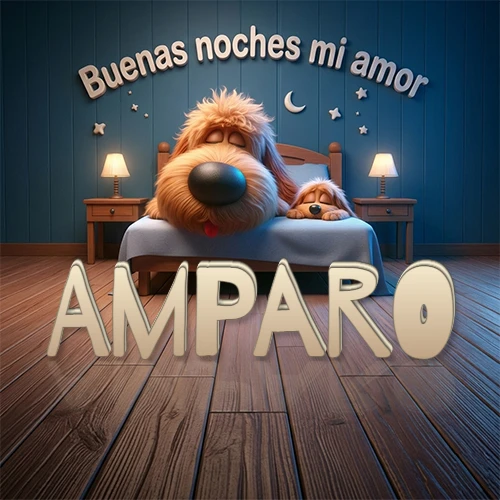 Dos perros de raza de pelaje espeso durmiendo juntos plácidamente en una cama cómoda, sobre ellos la frase 'Buenas noches mi amor' en una pared azul tranquila decorada con estrellas y una pequeña luna, con lámparas laterales cálidas. El nombre está en un prominente texto 3D en el piso de madera frente a la cama. Nombre personalizado: Amparo. Dos perros de raza de pelaje espeso durmiendo juntos plácidamente en una cama cómoda, sobre ellos la frase 'Buenas noches mi amor' en una pared azul tranquila decorada con estrellas y una pequeña luna, con lámparas laterales cálidas. El nombre está en un prominente texto 3D en el piso de madera frente a la cama. Nombre personalizado: Amparo.