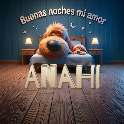 Dos perros de raza de pelaje espeso durmiendo juntos plácidamente en una cama cómoda, sobre ellos la frase 'Buenas noches mi amor' en una pared azul tranquila decorada con estrellas y una pequeña luna, con lámparas laterales cálidas. El nombre está en un prominente texto 3D en el piso de madera frente a la cama. Nombre personalizado: Anahi. Dos perros de raza de pelaje espeso durmiendo juntos plácidamente en una cama cómoda, sobre ellos la frase 'Buenas noches mi amor' en una pared azul tranquila decorada con estrellas y una pequeña luna, con lámparas laterales cálidas. El nombre está en un prominente texto 3D en el piso de madera frente a la cama. Nombre personalizado: Anahi.