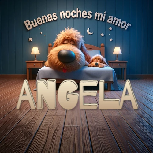 Dos perros de raza de pelaje espeso durmiendo juntos plácidamente en una cama cómoda, sobre ellos la frase 'Buenas noches mi amor' en una pared azul tranquila decorada con estrellas y una pequeña luna, con lámparas laterales cálidas. El nombre está en un prominente texto 3D en el piso de madera frente a la cama. Nombre personalizado: Angela. Dos perros de raza de pelaje espeso durmiendo juntos plácidamente en una cama cómoda, sobre ellos la frase 'Buenas noches mi amor' en una pared azul tranquila decorada con estrellas y una pequeña luna, con lámparas laterales cálidas. El nombre está en un prominente texto 3D en el piso de madera frente a la cama. Nombre personalizado: Angela.
