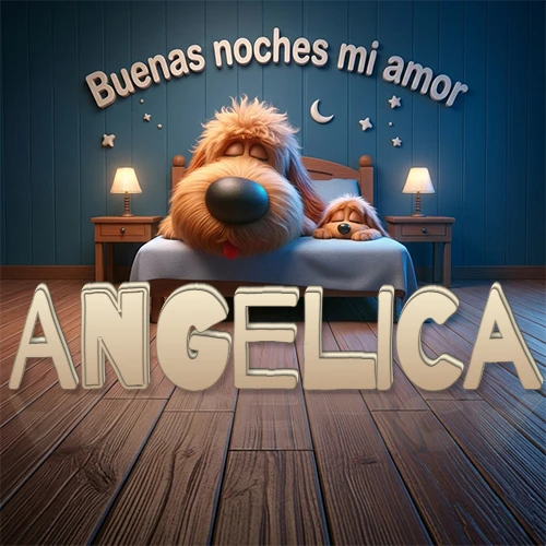 Dos perros de raza de pelaje espeso durmiendo juntos plácidamente en una cama cómoda, sobre ellos la frase 'Buenas noches mi amor' en una pared azul tranquila decorada con estrellas y una pequeña luna, con lámparas laterales cálidas. El nombre está en un prominente texto 3D en el piso de madera frente a la cama. Nombre personalizado: Angelica. Dos perros de raza de pelaje espeso durmiendo juntos plácidamente en una cama cómoda, sobre ellos la frase 'Buenas noches mi amor' en una pared azul tranquila decorada con estrellas y una pequeña luna, con lámparas laterales cálidas. El nombre está en un prominente texto 3D en el piso de madera frente a la cama. Nombre personalizado: Angelica.