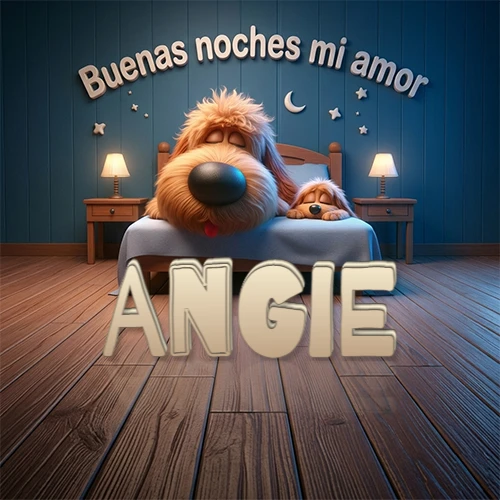 Dos perros de raza de pelaje espeso durmiendo juntos plácidamente en una cama cómoda, sobre ellos la frase 'Buenas noches mi amor' en una pared azul tranquila decorada con estrellas y una pequeña luna, con lámparas laterales cálidas. El nombre está en un prominente texto 3D en el piso de madera frente a la cama. Nombre personalizado: Angie.