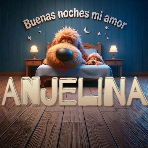 Dos perros de raza de pelaje espeso durmiendo juntos plácidamente en una cama cómoda, sobre ellos la frase 'Buenas noches mi amor' en una pared azul tranquila decorada con estrellas y una pequeña luna, con lámparas laterales cálidas. El nombre está en un prominente texto 3D en el piso de madera frente a la cama. Nombre personalizado: Anjelina. Dos perros de raza de pelaje espeso durmiendo juntos plácidamente en una cama cómoda, sobre ellos la frase 'Buenas noches mi amor' en una pared azul tranquila decorada con estrellas y una pequeña luna, con lámparas laterales cálidas. El nombre está en un prominente texto 3D en el piso de madera frente a la cama. Nombre personalizado: Anjelina.