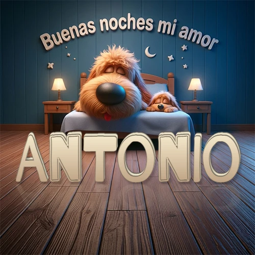 Dos perros de raza de pelaje espeso durmiendo juntos plácidamente en una cama cómoda, sobre ellos la frase 'Buenas noches mi amor' en una pared azul tranquila decorada con estrellas y una pequeña luna, con lámparas laterales cálidas. El nombre está en un prominente texto 3D en el piso de madera frente a la cama. Nombre personalizado: Antonio.