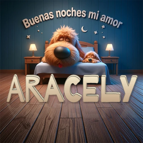 Dos perros de raza de pelaje espeso durmiendo juntos plácidamente en una cama cómoda, sobre ellos la frase 'Buenas noches mi amor' en una pared azul tranquila decorada con estrellas y una pequeña luna, con lámparas laterales cálidas. El nombre está en un prominente texto 3D en el piso de madera frente a la cama. Nombre personalizado: Aracely. Dos perros de raza de pelaje espeso durmiendo juntos plácidamente en una cama cómoda, sobre ellos la frase 'Buenas noches mi amor' en una pared azul tranquila decorada con estrellas y una pequeña luna, con lámparas laterales cálidas. El nombre está en un prominente texto 3D en el piso de madera frente a la cama. Nombre personalizado: Aracely.