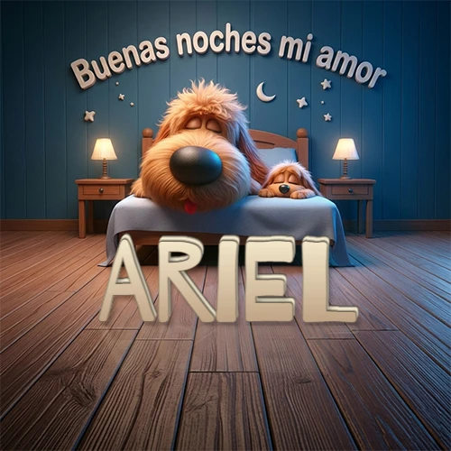 Dos perros de raza de pelaje espeso durmiendo juntos plácidamente en una cama cómoda, sobre ellos la frase 'Buenas noches mi amor' en una pared azul tranquila decorada con estrellas y una pequeña luna, con lámparas laterales cálidas. El nombre está en un prominente texto 3D en el piso de madera frente a la cama. Nombre personalizado: Ariel. Dos perros de raza de pelaje espeso durmiendo juntos plácidamente en una cama cómoda, sobre ellos la frase 'Buenas noches mi amor' en una pared azul tranquila decorada con estrellas y una pequeña luna, con lámparas laterales cálidas. El nombre está en un prominente texto 3D en el piso de madera frente a la cama. Nombre personalizado: Ariel.