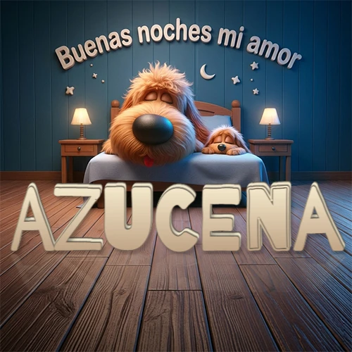 Dos perros de raza de pelaje espeso durmiendo juntos plácidamente en una cama cómoda, sobre ellos la frase 'Buenas noches mi amor' en una pared azul tranquila decorada con estrellas y una pequeña luna, con lámparas laterales cálidas. El nombre está en un prominente texto 3D en el piso de madera frente a la cama. Nombre personalizado: Azucena. Dos perros de raza de pelaje espeso durmiendo juntos plácidamente en una cama cómoda, sobre ellos la frase 'Buenas noches mi amor' en una pared azul tranquila decorada con estrellas y una pequeña luna, con lámparas laterales cálidas. El nombre está en un prominente texto 3D en el piso de madera frente a la cama. Nombre personalizado: Azucena.