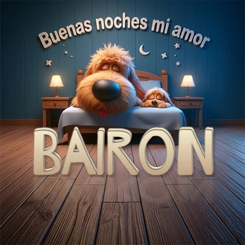 Dos perros de raza de pelaje espeso durmiendo juntos plácidamente en una cama cómoda, sobre ellos la frase 'Buenas noches mi amor' en una pared azul tranquila decorada con estrellas y una pequeña luna, con lámparas laterales cálidas. El nombre está en un prominente texto 3D en el piso de madera frente a la cama. Nombre personalizado: Bairon.