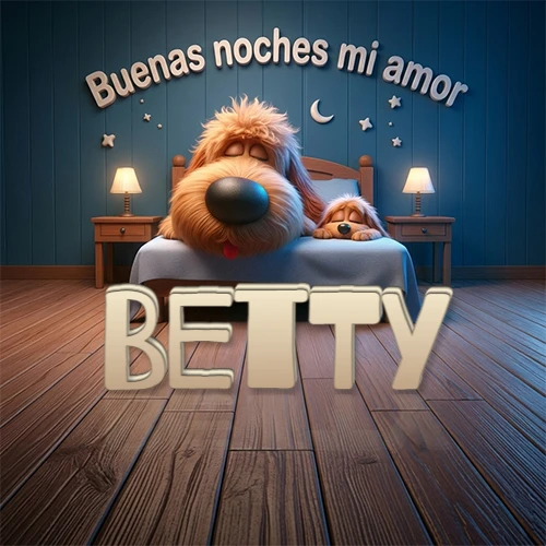 Dos perros de raza de pelaje espeso durmiendo juntos plácidamente en una cama cómoda, sobre ellos la frase 'Buenas noches mi amor' en una pared azul tranquila decorada con estrellas y una pequeña luna, con lámparas laterales cálidas. El nombre está en un prominente texto 3D en el piso de madera frente a la cama. Nombre personalizado: Betty. Dos perros de raza de pelaje espeso durmiendo juntos plácidamente en una cama cómoda, sobre ellos la frase 'Buenas noches mi amor' en una pared azul tranquila decorada con estrellas y una pequeña luna, con lámparas laterales cálidas. El nombre está en un prominente texto 3D en el piso de madera frente a la cama. Nombre personalizado: Betty.