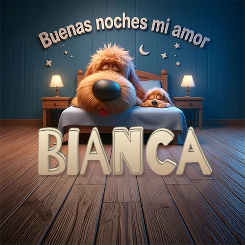 Dos perros de raza de pelaje espeso durmiendo juntos plácidamente en una cama cómoda, sobre ellos la frase 'Buenas noches mi amor' en una pared azul tranquila decorada con estrellas y una pequeña luna, con lámparas laterales cálidas. El nombre está en un prominente texto 3D en el piso de madera frente a la cama. Nombre personalizado: Bianca.