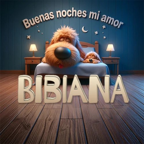 Dos perros de raza de pelaje espeso durmiendo juntos plácidamente en una cama cómoda, sobre ellos la frase 'Buenas noches mi amor' en una pared azul tranquila decorada con estrellas y una pequeña luna, con lámparas laterales cálidas. El nombre está en un prominente texto 3D en el piso de madera frente a la cama. Nombre personalizado: Bibiana. Dos perros de raza de pelaje espeso durmiendo juntos plácidamente en una cama cómoda, sobre ellos la frase 'Buenas noches mi amor' en una pared azul tranquila decorada con estrellas y una pequeña luna, con lámparas laterales cálidas. El nombre está en un prominente texto 3D en el piso de madera frente a la cama. Nombre personalizado: Bibiana.