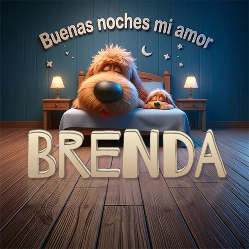 Dos perros de raza de pelaje espeso durmiendo juntos plácidamente en una cama cómoda, sobre ellos la frase 'Buenas noches mi amor' en una pared azul tranquila decorada con estrellas y una pequeña luna, con lámparas laterales cálidas. El nombre está en un prominente texto 3D en el piso de madera frente a la cama. Nombre personalizado: Brenda.