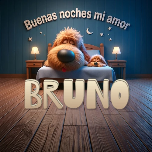 Dos perros de raza de pelaje espeso durmiendo juntos plácidamente en una cama cómoda, sobre ellos la frase 'Buenas noches mi amor' en una pared azul tranquila decorada con estrellas y una pequeña luna, con lámparas laterales cálidas. El nombre está en un prominente texto 3D en el piso de madera frente a la cama. Nombre personalizado: Bruno.