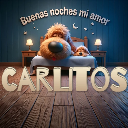 Dos perros de raza de pelaje espeso durmiendo juntos plácidamente en una cama cómoda, sobre ellos la frase 'Buenas noches mi amor' en una pared azul tranquila decorada con estrellas y una pequeña luna, con lámparas laterales cálidas. El nombre está en un prominente texto 3D en el piso de madera frente a la cama. Nombre personalizado: Carlitos. Dos perros de raza de pelaje espeso durmiendo juntos plácidamente en una cama cómoda, sobre ellos la frase 'Buenas noches mi amor' en una pared azul tranquila decorada con estrellas y una pequeña luna, con lámparas laterales cálidas. El nombre está en un prominente texto 3D en el piso de madera frente a la cama. Nombre personalizado: Carlitos.