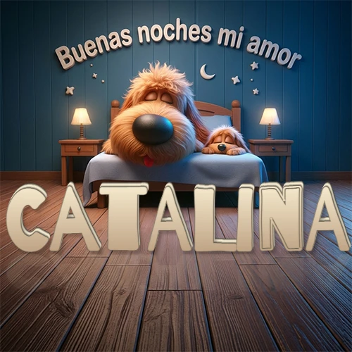 Dos perros de raza de pelaje espeso durmiendo juntos plácidamente en una cama cómoda, sobre ellos la frase 'Buenas noches mi amor' en una pared azul tranquila decorada con estrellas y una pequeña luna, con lámparas laterales cálidas. El nombre está en un prominente texto 3D en el piso de madera frente a la cama. Nombre personalizado: Catalina.
