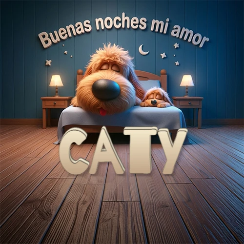 Dos perros de raza de pelaje espeso durmiendo juntos plácidamente en una cama cómoda, sobre ellos la frase 'Buenas noches mi amor' en una pared azul tranquila decorada con estrellas y una pequeña luna, con lámparas laterales cálidas. El nombre está en un prominente texto 3D en el piso de madera frente a la cama. Nombre personalizado: Caty. Dos perros de raza de pelaje espeso durmiendo juntos plácidamente en una cama cómoda, sobre ellos la frase 'Buenas noches mi amor' en una pared azul tranquila decorada con estrellas y una pequeña luna, con lámparas laterales cálidas. El nombre está en un prominente texto 3D en el piso de madera frente a la cama. Nombre personalizado: Caty.