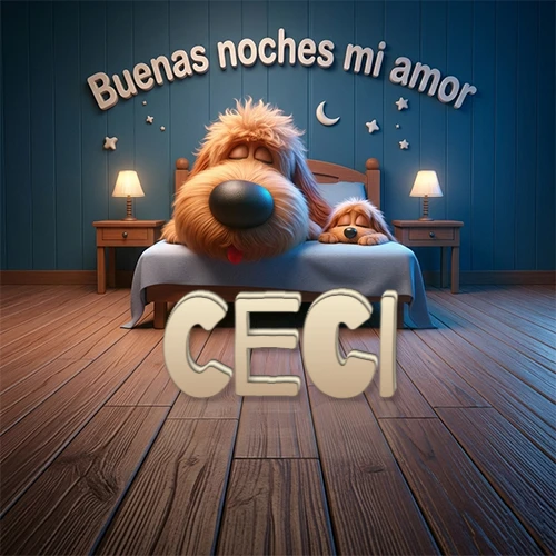 Dos perros de raza de pelaje espeso durmiendo juntos plácidamente en una cama cómoda, sobre ellos la frase 'Buenas noches mi amor' en una pared azul tranquila decorada con estrellas y una pequeña luna, con lámparas laterales cálidas. El nombre está en un prominente texto 3D en el piso de madera frente a la cama. Nombre personalizado: Ceci.