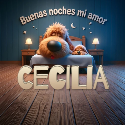 Dos perros de raza de pelaje espeso durmiendo juntos plácidamente en una cama cómoda, sobre ellos la frase 'Buenas noches mi amor' en una pared azul tranquila decorada con estrellas y una pequeña luna, con lámparas laterales cálidas. El nombre está en un prominente texto 3D en el piso de madera frente a la cama. Nombre personalizado: Cecilia. Dos perros de raza de pelaje espeso durmiendo juntos plácidamente en una cama cómoda, sobre ellos la frase 'Buenas noches mi amor' en una pared azul tranquila decorada con estrellas y una pequeña luna, con lámparas laterales cálidas. El nombre está en un prominente texto 3D en el piso de madera frente a la cama. Nombre personalizado: Cecilia.