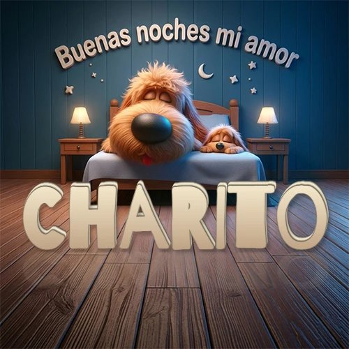 Dos perros de raza de pelaje espeso durmiendo juntos plácidamente en una cama cómoda, sobre ellos la frase 'Buenas noches mi amor' en una pared azul tranquila decorada con estrellas y una pequeña luna, con lámparas laterales cálidas. El nombre está en un prominente texto 3D en el piso de madera frente a la cama. Nombre personalizado: Charito.