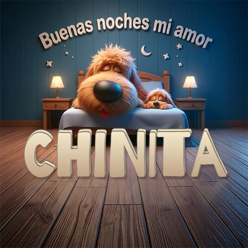 Dos perros de raza de pelaje espeso durmiendo juntos plácidamente en una cama cómoda, sobre ellos la frase 'Buenas noches mi amor' en una pared azul tranquila decorada con estrellas y una pequeña luna, con lámparas laterales cálidas. El nombre está en un prominente texto 3D en el piso de madera frente a la cama. Nombre personalizado: Chinita.