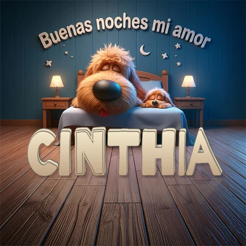 Dos perros de raza de pelaje espeso durmiendo juntos plácidamente en una cama cómoda, sobre ellos la frase 'Buenas noches mi amor' en una pared azul tranquila decorada con estrellas y una pequeña luna, con lámparas laterales cálidas. El nombre está en un prominente texto 3D en el piso de madera frente a la cama. Nombre personalizado: Cinthia.