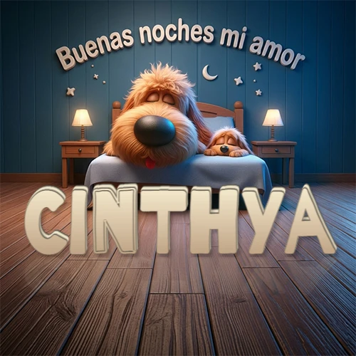 Dos perros de raza de pelaje espeso durmiendo juntos plácidamente en una cama cómoda, sobre ellos la frase 'Buenas noches mi amor' en una pared azul tranquila decorada con estrellas y una pequeña luna, con lámparas laterales cálidas. El nombre está en un prominente texto 3D en el piso de madera frente a la cama. Nombre personalizado: Cinthya.