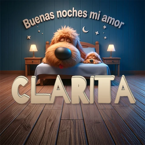 Dos perros de raza de pelaje espeso durmiendo juntos plácidamente en una cama cómoda, sobre ellos la frase 'Buenas noches mi amor' en una pared azul tranquila decorada con estrellas y una pequeña luna, con lámparas laterales cálidas. El nombre está en un prominente texto 3D en el piso de madera frente a la cama. Nombre personalizado: Clarita.
