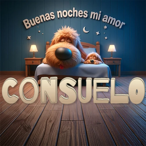 Dos perros de raza de pelaje espeso durmiendo juntos plácidamente en una cama cómoda, sobre ellos la frase 'Buenas noches mi amor' en una pared azul tranquila decorada con estrellas y una pequeña luna, con lámparas laterales cálidas. El nombre está en un prominente texto 3D en el piso de madera frente a la cama. Nombre personalizado: Consuelo.