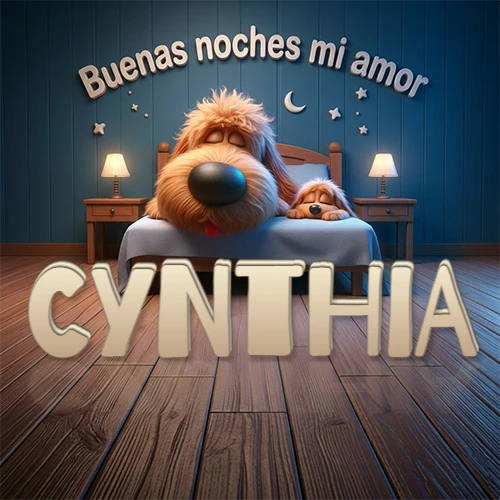 Dos perros de raza de pelaje espeso durmiendo juntos plácidamente en una cama cómoda, sobre ellos la frase 'Buenas noches mi amor' en una pared azul tranquila decorada con estrellas y una pequeña luna, con lámparas laterales cálidas. El nombre está en un prominente texto 3D en el piso de madera frente a la cama. Nombre personalizado: Cynthia.