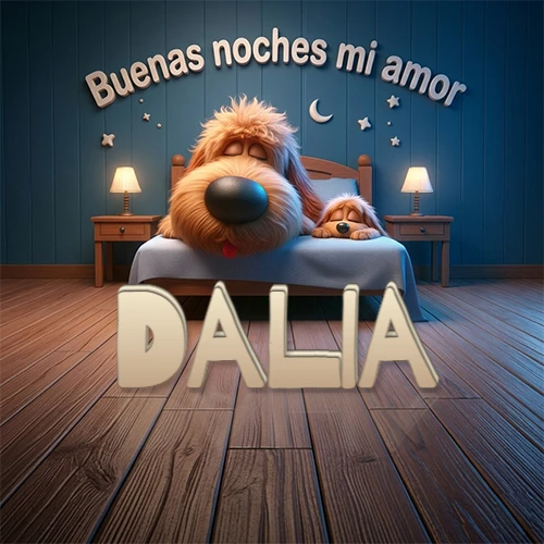 Dos perros de raza de pelaje espeso durmiendo juntos plácidamente en una cama cómoda, sobre ellos la frase 'Buenas noches mi amor' en una pared azul tranquila decorada con estrellas y una pequeña luna, con lámparas laterales cálidas. El nombre está en un prominente texto 3D en el piso de madera frente a la cama. Nombre personalizado: Dalia. Dos perros de raza de pelaje espeso durmiendo juntos plácidamente en una cama cómoda, sobre ellos la frase 'Buenas noches mi amor' en una pared azul tranquila decorada con estrellas y una pequeña luna, con lámparas laterales cálidas. El nombre está en un prominente texto 3D en el piso de madera frente a la cama. Nombre personalizado: Dalia.